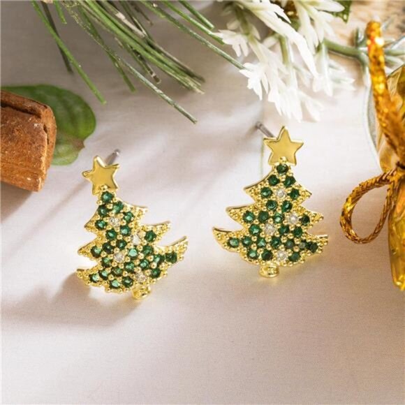 β¨ Green Christmas Tree Earrings | Sparkling Cubic Zirconia Studs - Picture 2 of 5